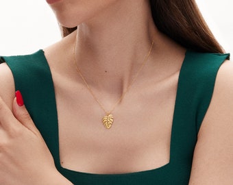 14K Gold Monstera Leaf Necklace, Leaf Pendant, Monstera Jewelry for Women, Gold Tropical Leaf Necklace, Monstera Necklace, Summer Jewelry