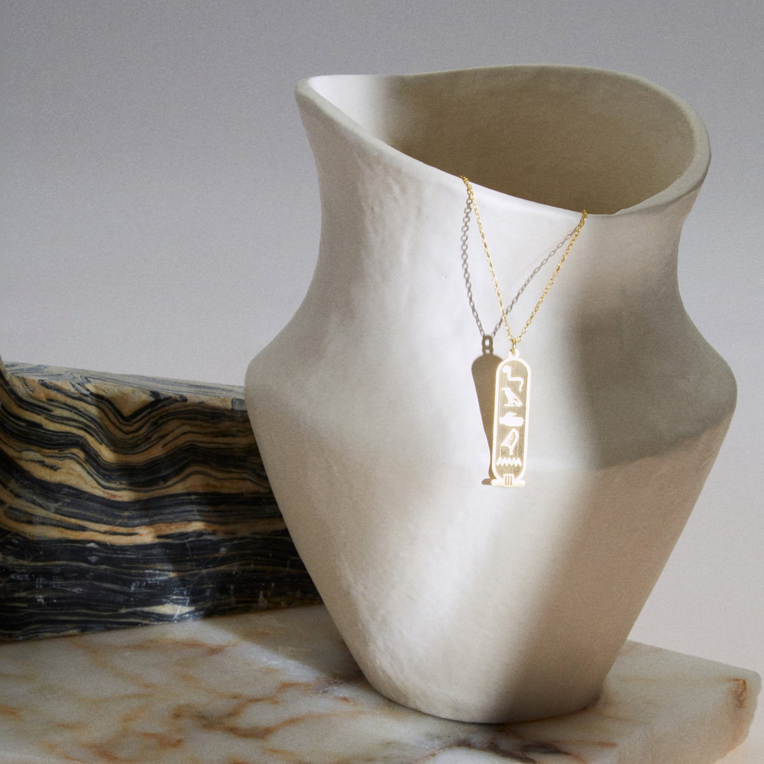 14K Gold Egyptian Hieroglyphic Cartouche LUCKY Pendant