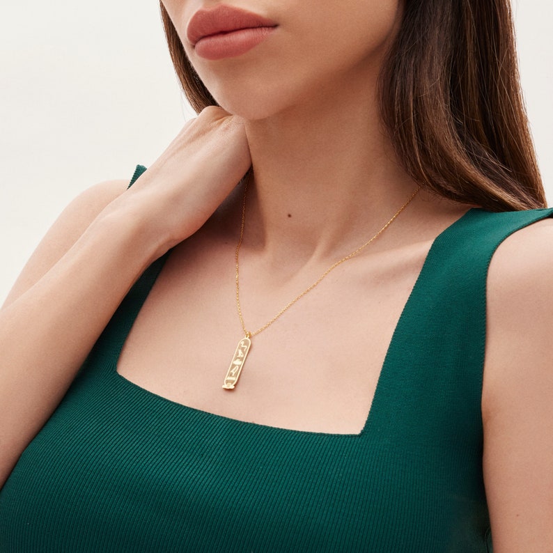 14K Gold Egypt Cartouche Necklace, Egyptian Hieroglyphic Cartouche Jewelry, Egypt Name Necklace, Ancient Symbol Necklace, Gift for Mom image 1