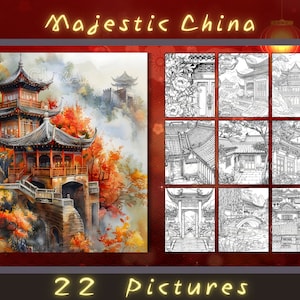 Op de afbeelding: Een aquarel van een traditionele Chinese pagode met rode accenten, omringd door herfstbladeren. De pagode staat tegen een achtergrond van mistige bergen. Het schilderij is getiteld "Majestic China" en bevat de tekst "22 Pictures".