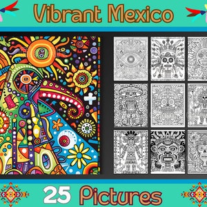 Puede incluir: Una ilustración colorida de un diseño de inspiración mexicana con fondo negro. El diseño presenta una variedad de formas, patrones y colores, incluyendo rojo, amarillo, azul, verde y morado. El diseño está rodeado por un borde negro. El texto "Vibrant Mexico" está en la parte superior de la imagen. El texto "25 Pictures" está en la parte inferior de la imagen.