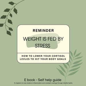 Può includere: Una grafica verde e bianca con il testo "REMINDER WEIGHT IS FED BY STRESS HOW TO LOWER YOUR CORTISOL LEVLES TO HIT YOUR BODY GOALS E book - Self help guide 9 chapters to lose stubborn inflammation and constant cravings through mindful habits".