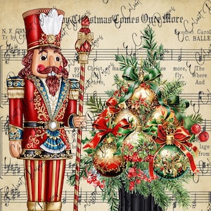 Ornement musical de Noël casse-noisette topiaire numérique pour découpage sur papier de riz poinsettia Le joyeux Noël vient une fois de plus