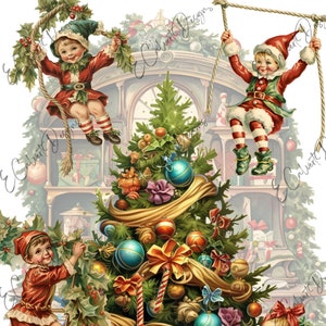 May include: Four children decorate a Christmas tree with ornaments, ribbons, and garlands. The tree is decorated with red, gold, and blue ornaments. The children are wearing red and white outfits. The tree is in a blue pot and there are presents wrapped in red, gold, and blue paper at the base of the tree.