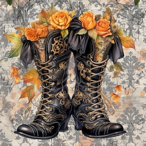 Halloween Garden Boots Fall Orange Floral Digital Download for Rice Paper Decoupage