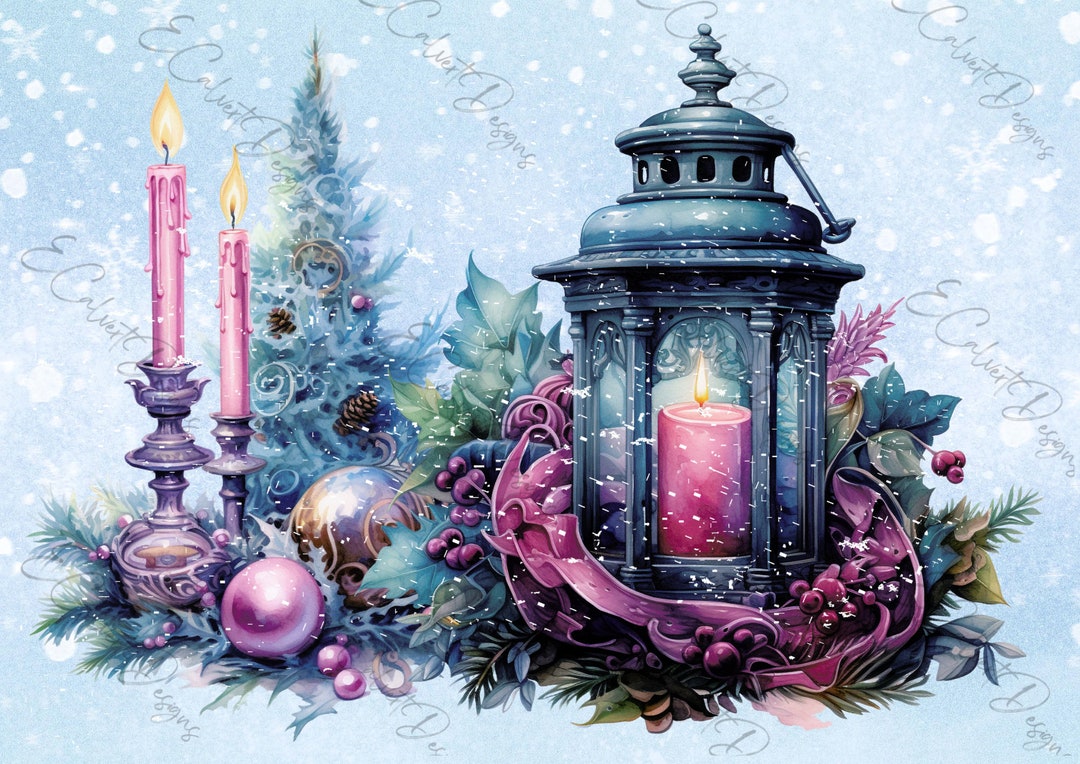 Blue and Pink Christmas Candles, Lanterns, Ornaments Digital Designs