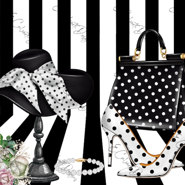 2 Black White Fashion Purse High Heels Stiletto's Hat Cell Dot Sunglasses Digitals for Rice Paper Decoupage Download PNG