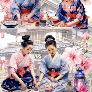 Geisha Ladies, Watercolor, Whimsical Asian Background, Japanese, Writing, Digital Download A4 Rice Paper Decoupage Scrapbook Journal 634