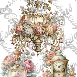 May include: A vintage-style illustration featuring a decorative floral arrangement with a clock, a perfume bottle, and a chandelier. The flowers are pink, yellow, and white roses with green leaves. The clock has Roman numerals and a white face. The perfume bottle is clear glass with a gold stopper. The chandelier is ornate with a gold finish.