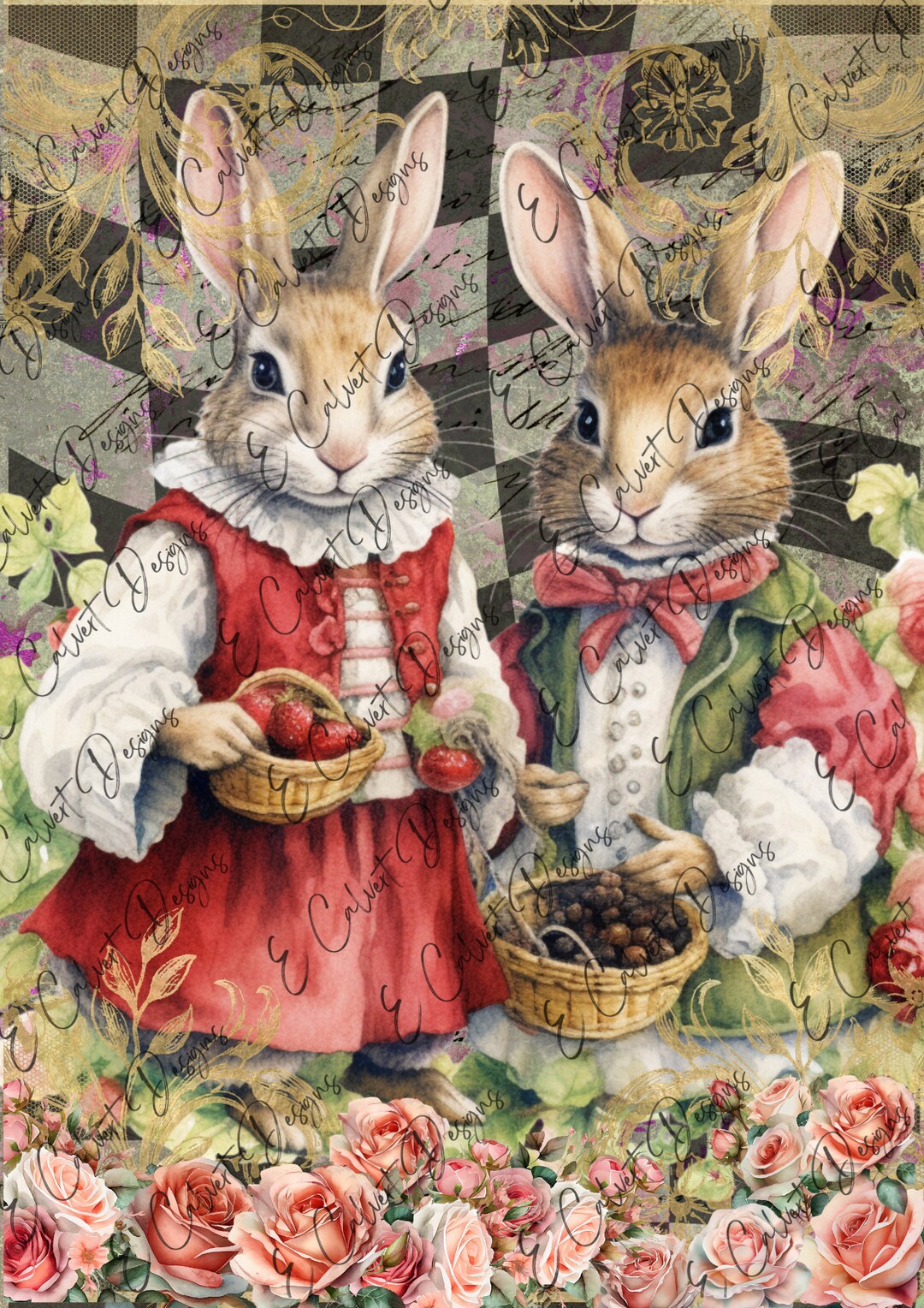 Easter Fairytale Rabbits Picking Berries Fantasy Florals Checks Digital ...