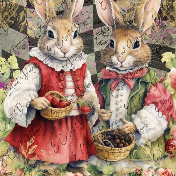 Easter Fairytale Rabbits Picking Berries Fantasy Florals Checks Digital Download A4 Rice Paper Decoupage Junk Journal Scrapbooking 360