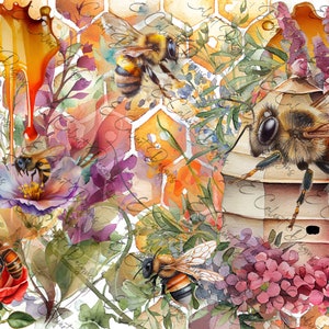 May include: Watercolor painting of bees and flowers. The bees are depicted in various poses, some flying, some landing on flowers, and some near a beehive. The flowers are a mix of pink, purple, and red, with a honeycomb pattern in the background. The painting is a celebration of nature and the beauty of bees.