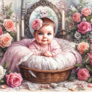 Baby Nursery Dark Hair Baby w koszyku z kwiatami Pobierz cyfrowo A4 Rice Paper Decoupage Junk Journal Scrapbooking 573
