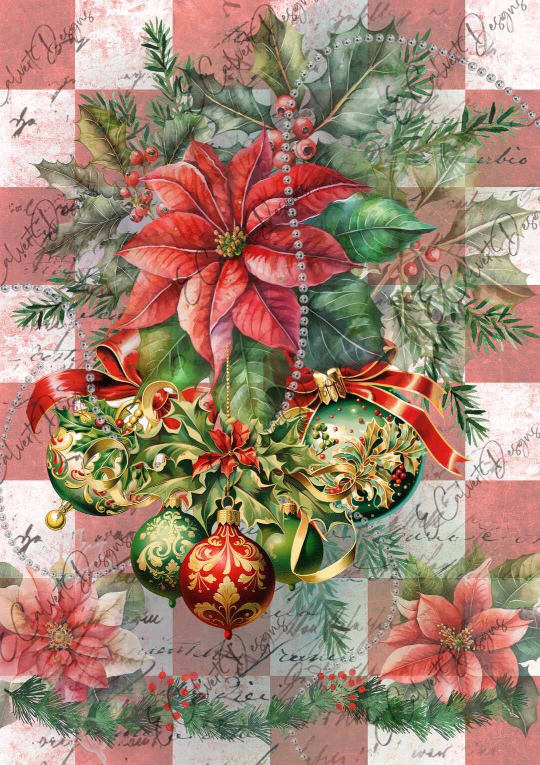 Christmas Floral Red White Checks Ornaments Digital Download for Rice ...