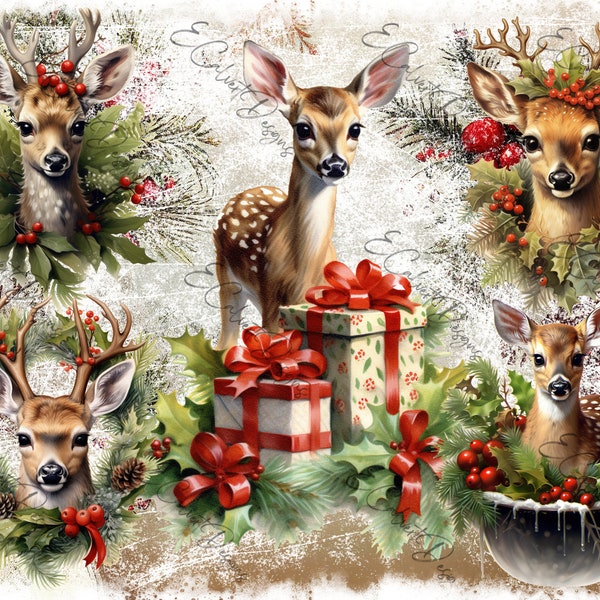 Deer Christmas Digital for Rice Paper Decoupage Watercolor Winter Gifts Wreaths