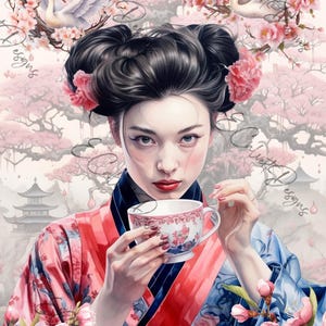 Geisha Lady, Tea, Watercolor, Whimsical Asian Background, Japanese, Nature, Digital Download A4 Rice Paper Decoupage Scrapbook Journal 597