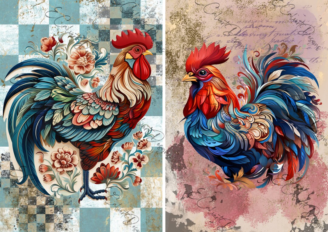 Two Half Pages A4 Rice Paper Colorful Rooster Checks Digital Download ...