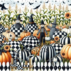 Può includere: Illustrazione ad acquerello di una scena di Halloween. Presenta zucche arancioni, motivi a scacchiera in bianco e nero e disegni a righe bianche e nere. Sono presenti anche spaventapasseri con cappelli e girasoli, con corvi che volano sopra.