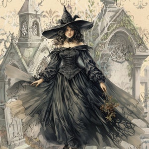 Sorcière victorienne d'Halloween en téléchargement numérique cimetière noir pour la journalisation indésirable du découpage sur papier de riz, album de scrapbooking A4