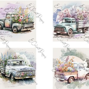Pode incluir: Quatro ilustrações de aquarela de caminhões vintage cheios de flores coloridas. Os caminhões são pintados em tons de azul, verde e branco, e as flores são uma mistura de rosas, roxos e amarelos. Os fundos são suaves lavagens de aquarela com um toque vintage.