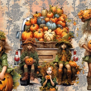 Halloween Niños #7 Otoño Descarga digital para Decoupage de papel de arroz Calabazas Niños Camión Halloween