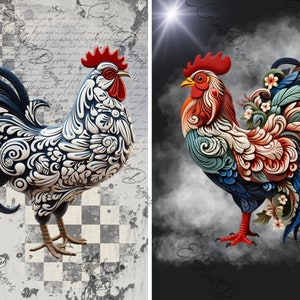 May include: Two colorful rooster illustrations with intricate floral patterns. The rooster on the left is white and blue with a black background. The rooster on the right is red, blue, and green with a gray background.