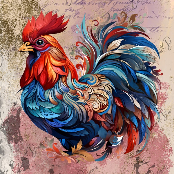 Colorful Rooster Digital Download A4 Rice Paper Decoupage Junk Journal Scrapbooking 380