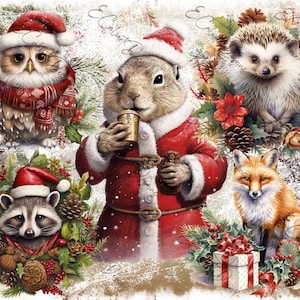 Christmas Digital for Rice Paper Decoupage Watercolor Winter  Wreaths  Squirrel Hedgehog Racoon Owl