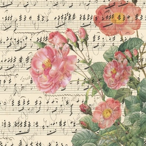 Notas musicales efímeras con motivos florales rosas y verdes para descargar digitalmente para decoupage en papel de arroz, álbum de recortes de diario basura