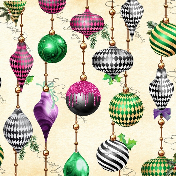 Christmas Baubles-Ornaments Digitals for Rice Paper Decoupage Watercolor Purple, Green, Fuchsia, Black, Gold, White