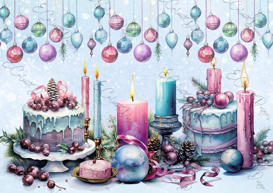 Blue and Pink Christmas Candles, Lanterns, Ornaments Digital Designs