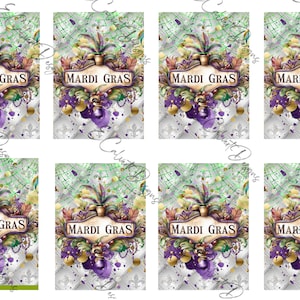 May include: Eight printable digital paper designs featuring a Mardi Gras theme. Each design features a gold sign with the text "Mardi Gras" surrounded by green, purple, and gold feathers, beads, and flowers. The background is a white and purple pattern.