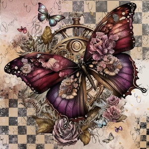 Steampunk papillon numérique pour papier de riz découpage Télécharger PNG imprimable aquarelle chèque engrenages 362