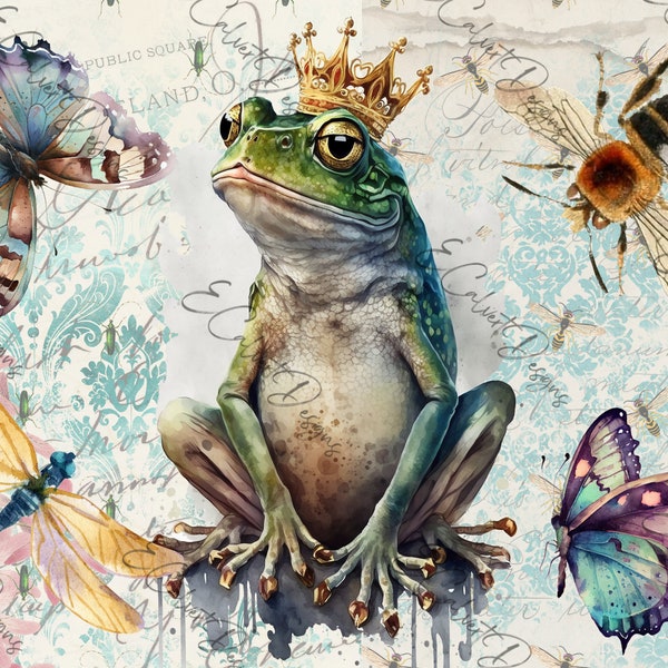 Frog Prince Digitals for Rice Paper Decoupage Watercolor A4 Paper Butterfly Bee Dragonfly