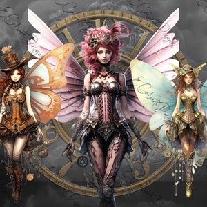 May include: Three steampunk fairies with butterfly wings. The fairies are wearing intricate, detailed costumes with gears and cogs. The wings are a mix of pink, blue, and orange.