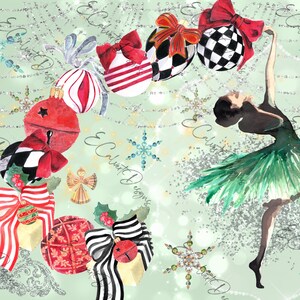 Puede incluir: Una ilustración de acuarela de una bailarina con un tutú verde bailando entre adornos navideños rojos y blancos, copos de nieve y luces brillantes sobre un fondo verde claro.