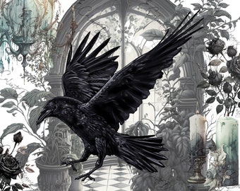 Halloween Crow Black Bird Digital Download for Rice Paper Decoupage