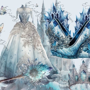 3 Snow Queen Digitals for Rice Paper Decoupage Watercolor Castle White Queen Crowns Butterfly horse Carriage High Heels