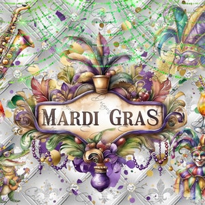 Mardi Gras A4 Digital Download for Decoupage Rice Paper Fat Tuesday, Saxophone, Jester, Mask, Alligator, New Orleans, Parade, Floats 314