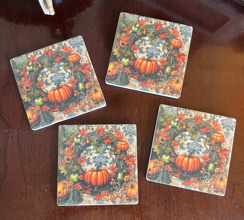 4 4 X 4 Coaster Digitals for Rice Paper Fall Floral Wreath Pumpkin ...