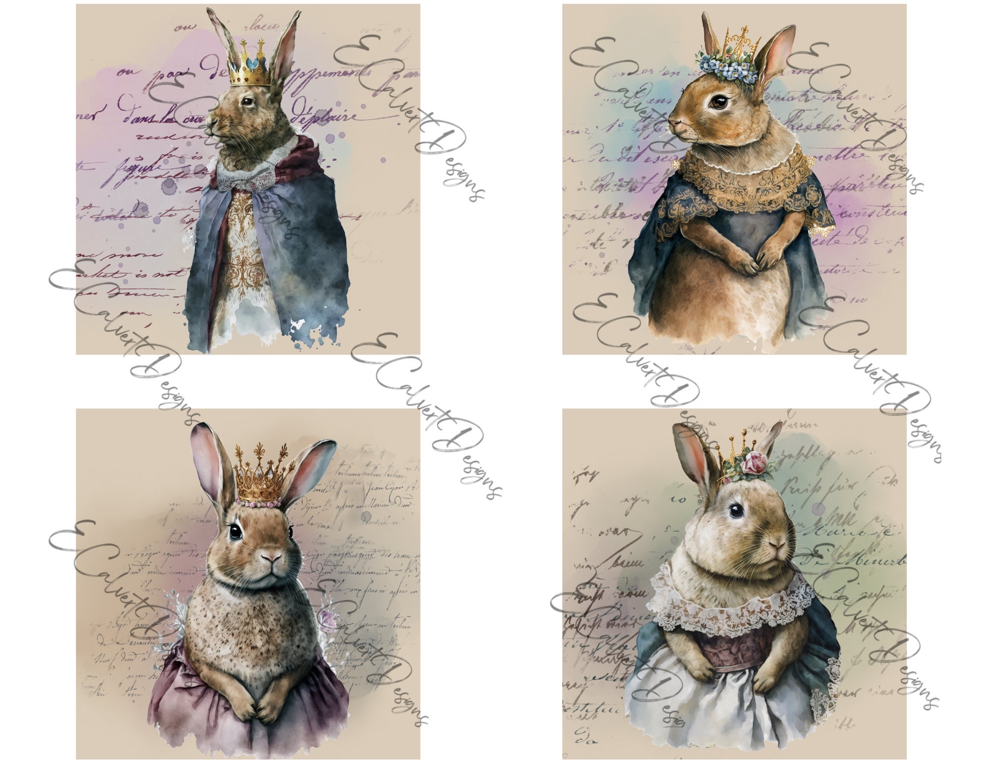 Queen King Rabbit Digitals for Rice Paper Decoupage 4in X 4in ...