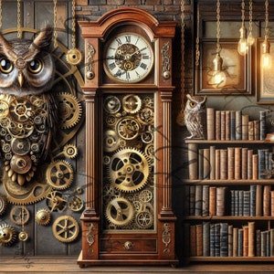 Puede incluir: Un reloj de estilo vintage con engranajes intrincados y un marco de madera marrón. El reloj está rodeado por un búho de inspiración steampunk hecho de engranajes y una estantería llena de libros.