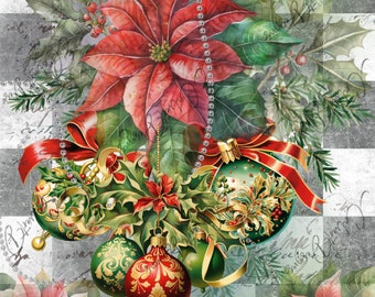 Christmas Floral Black White Checks Ornaments Digital Download for Rice Paper Decoupage
