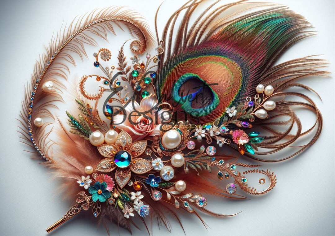 Peacock Feather Art Florals Rhinestones Pearls Digital Download A4 Rice ...