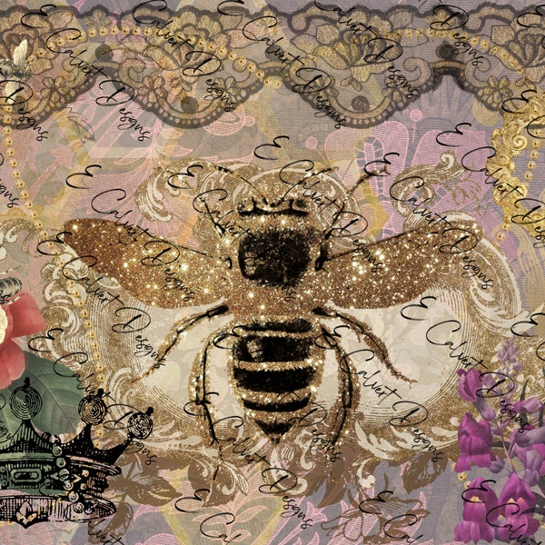 Sparkle Bee, Floral, Lace, Crown, Watercolor Digital Download A4 Rice Paper Decoupage, Journal, Scrap Book