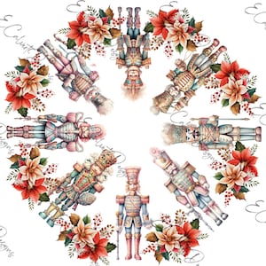 May include: A circular design featuring twelve nutcracker figurines with intricate details and colorful accents. Each nutcracker is surrounded by red poinsettia flowers and greenery, creating a festive and whimsical Christmas theme.