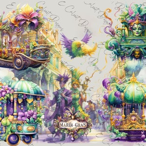 May include: A watercolour illustration depicting a Mardi Gras parade. The image shows floats, costumed figures, and the text "Mardi Gras". The floats are adorned with flowers and intricate details in purple, green, and gold hues.