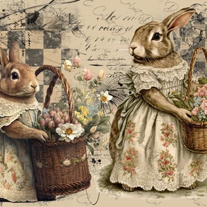 Country Bunny Pasqua Fiori Cesto Download Digitale A4 Carta di Riso Decoupage Junk Journal Scrapbooking 357