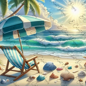 Plage soleil couchant parasol coquillages océan mer mouettes chaise vagues palmier téléchargement numérique A4 papier de riz découpage Journal Scrapbook 540
