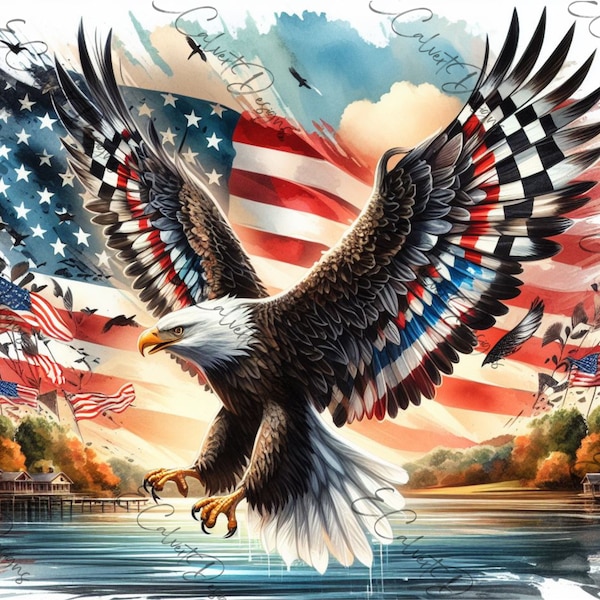 PRINT ONLY** Eagle Flying High with American Flag in Background Decoupage, Junk Journals Scrapbooking AI Generated 4th of July Patriotic 404